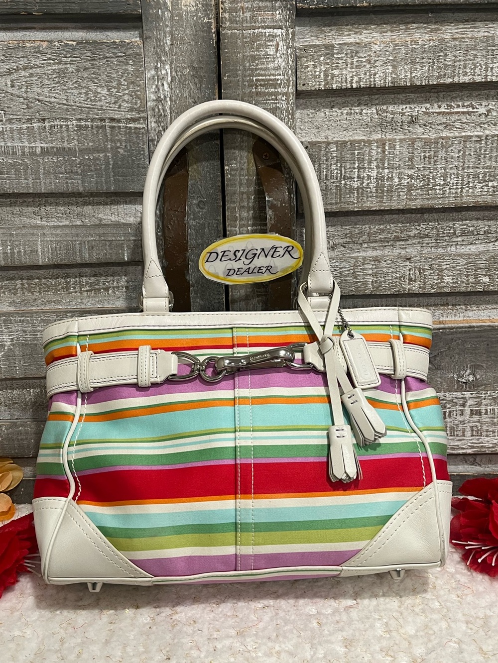 COACH Hampton Vintage Multi Stripe Leather Trim Satchel 10704